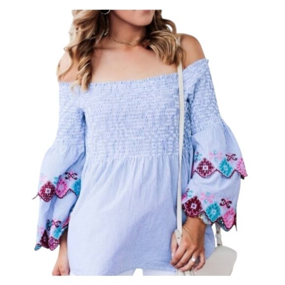 Ann Taylor Petite Off-the-Shoulder Blouse – Smocked Bodice & Embroidered Sleeve - Picture 1 of 8